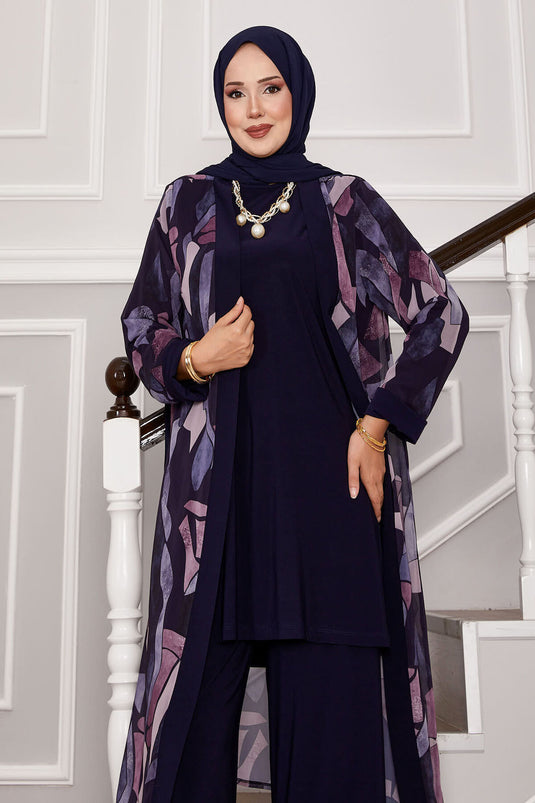 Chiffon kimono gedetailleerde driedelige outfit marineblauw