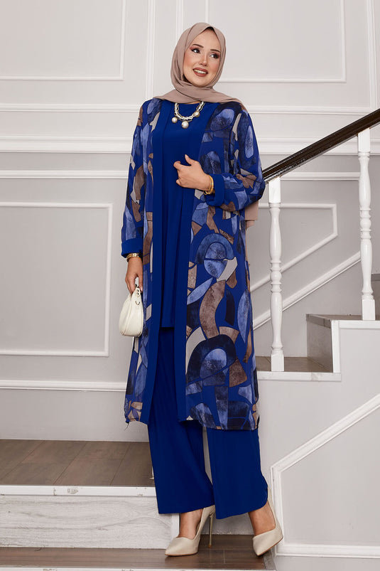 Chiffon Kimono Detailed Triple Combination Saxe