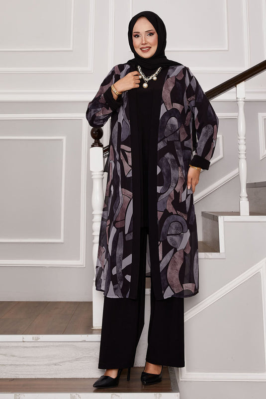 Chiffon kimono gedetailleerde driedelige outfit zwart
