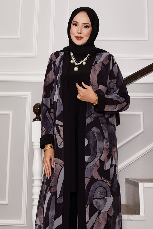 Chiffon kimono gedetailleerde driedelige outfit zwart