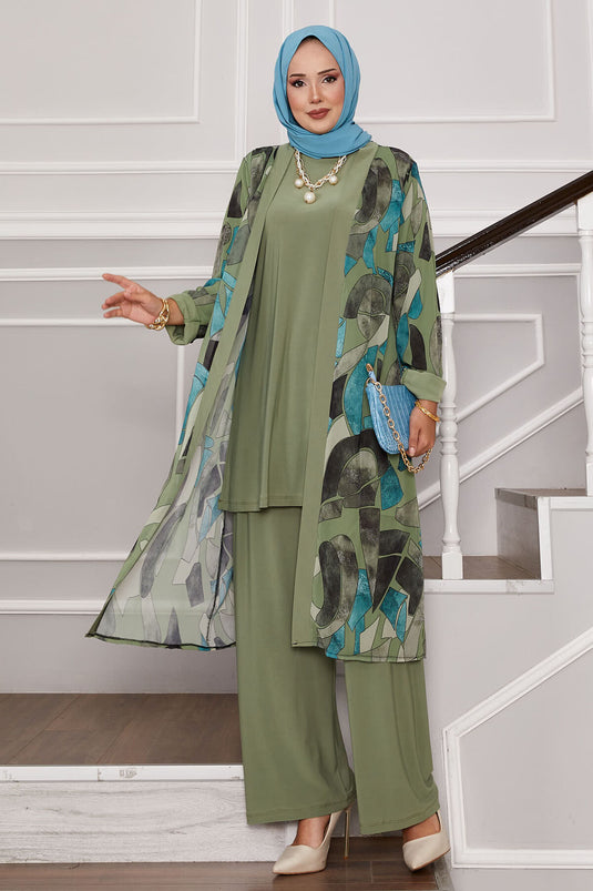 Şifon Kimono Detaylı Üçlü Kombin Yağ Yeşil