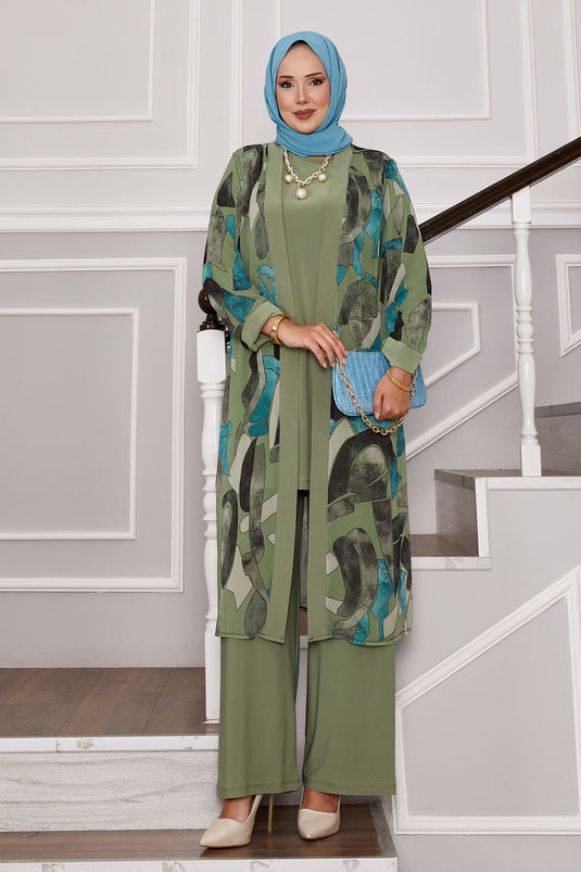 Şifon Kimono Detaylı Üçlü Kombin Yağ Yeşil