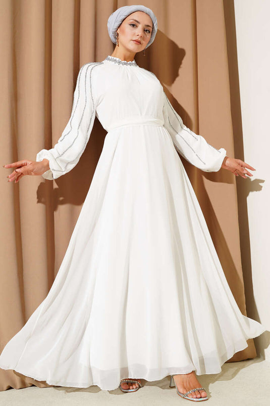 Chiffon Evening Dress with Embellished Sleeves, White