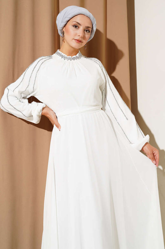 Chiffon Evening Dress with Embellished Sleeves, White