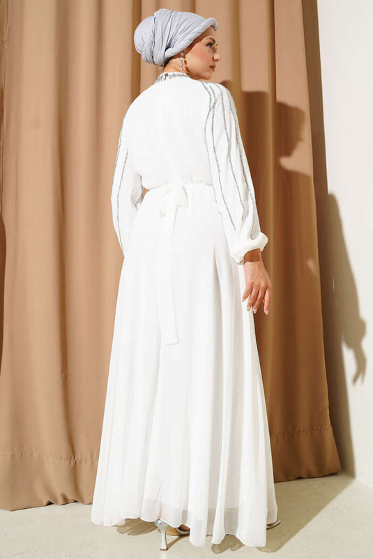 Chiffon Evening Dress with Embellished Sleeves, White