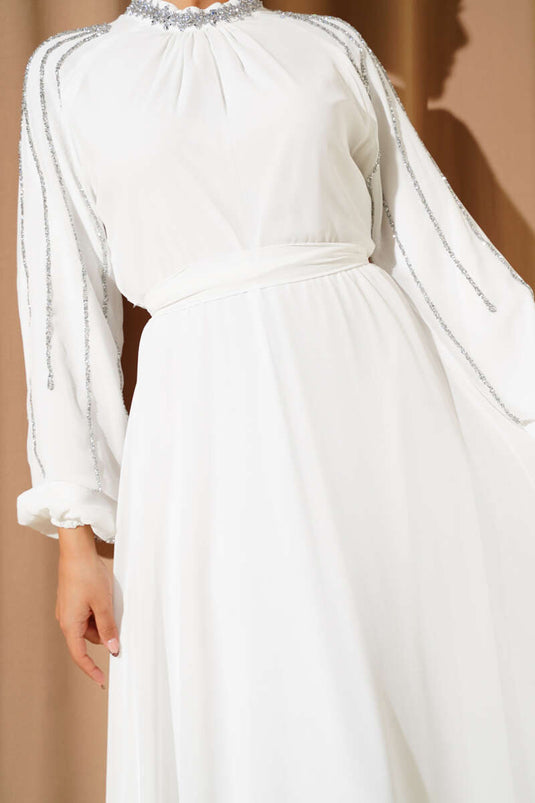 Chiffon Evening Dress with Embellished Sleeves, White