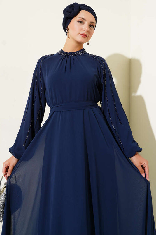 فستان سهرة شيفون بأكمام مرصعة، أزرق داكن