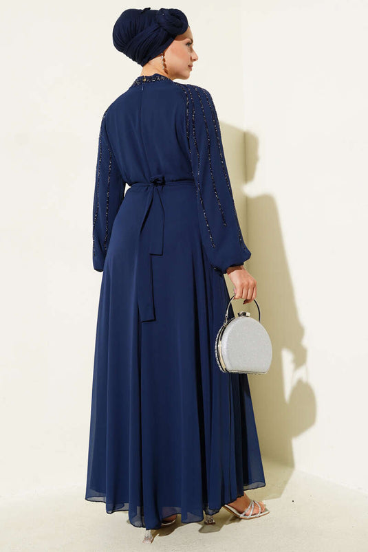 فستان سهرة شيفون بأكمام مرصعة، أزرق داكن