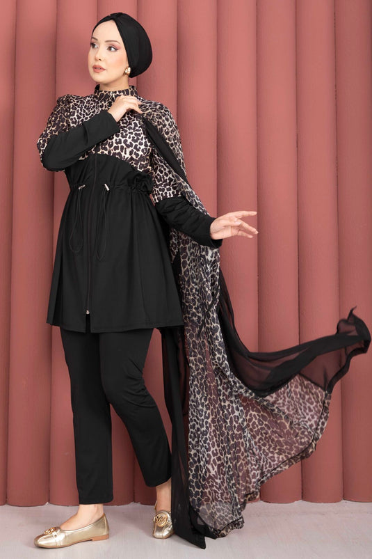Traje De Baño Modesto Con Estampado Leopardo, Pareo De Chiffon Y Cintura Ajustable