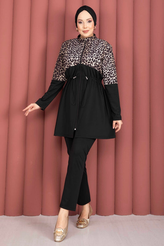 Traje De Baño Modesto Con Estampado Leopardo, Pareo De Chiffon Y Cintura Ajustable