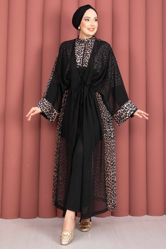 Traje De Baño Modesto Con Estampado Leopardo, Pareo De Chiffon Y Cintura Ajustable