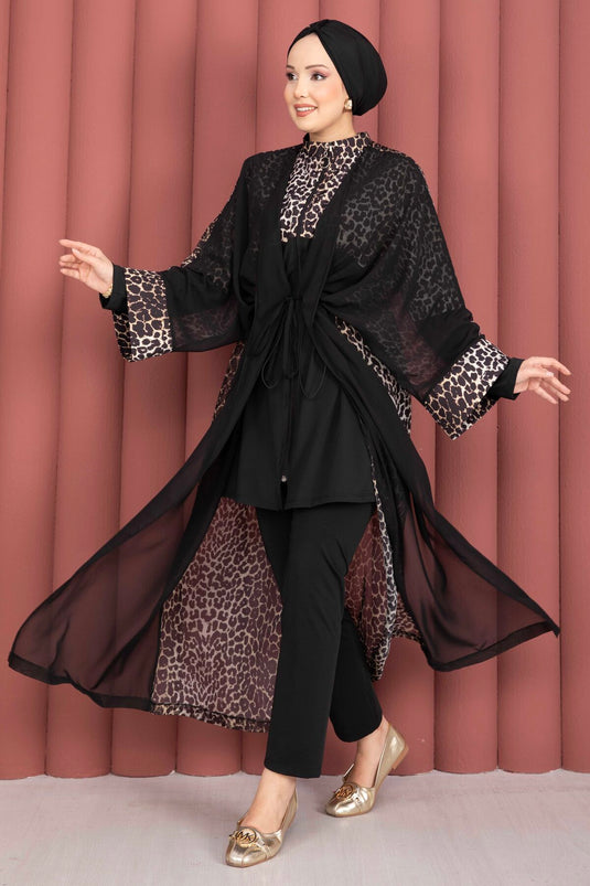 Traje De Baño Modesto Con Estampado Leopardo, Pareo De Chiffon Y Cintura Ajustable