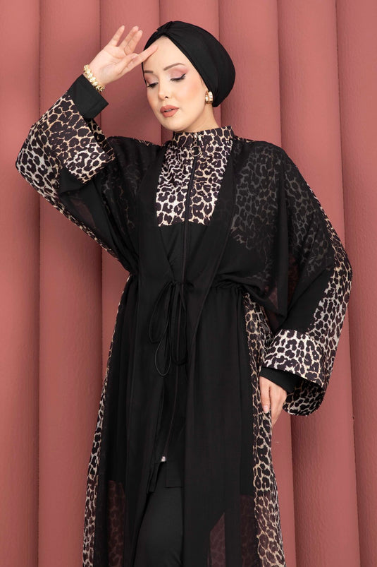 Traje De Baño Modesto Con Estampado Leopardo, Pareo De Chiffon Y Cintura Ajustable