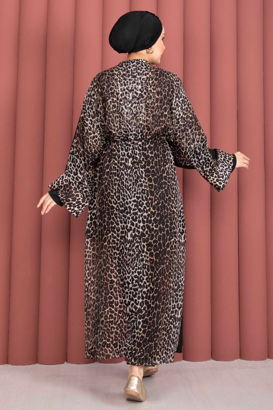 Traje De Baño Modesto Con Estampado Leopardo, Pareo De Chiffon Y Cintura Ajustable