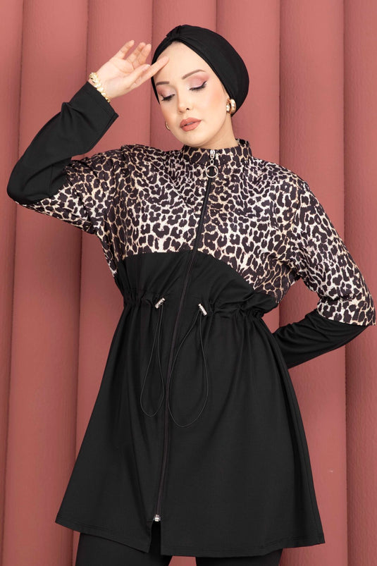 Traje De Baño Modesto Con Estampado Leopardo, Pareo De Chiffon Y Cintura Ajustable