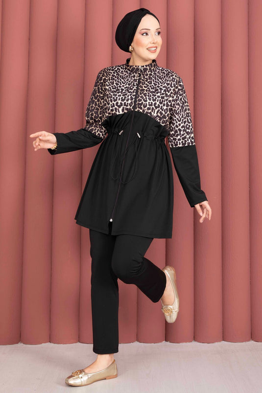 Traje De Baño Modesto Con Estampado Leopardo, Pareo De Chiffon Y Cintura Ajustable