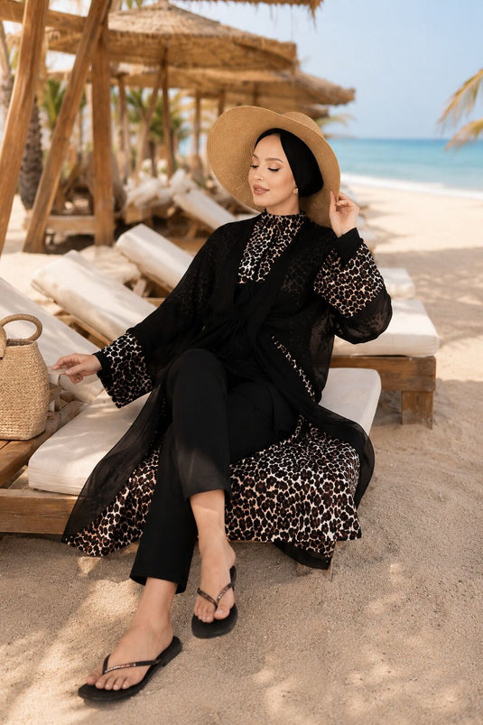 Traje De Baño Modesto Con Estampado Leopardo, Pareo De Chiffon Y Cintura Ajustable