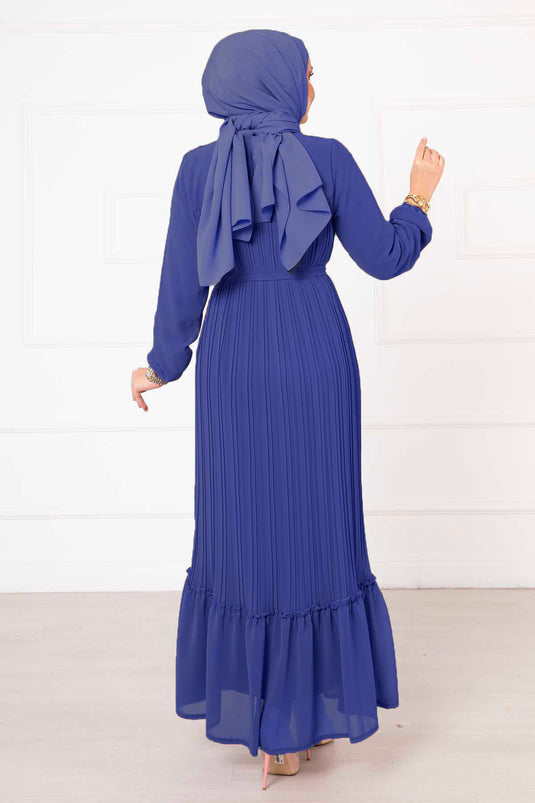 Belted Pleated Chiffon Hijab Dress Blue