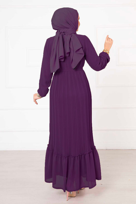 Belted Pleated Chiffon Hijab Dress Purple