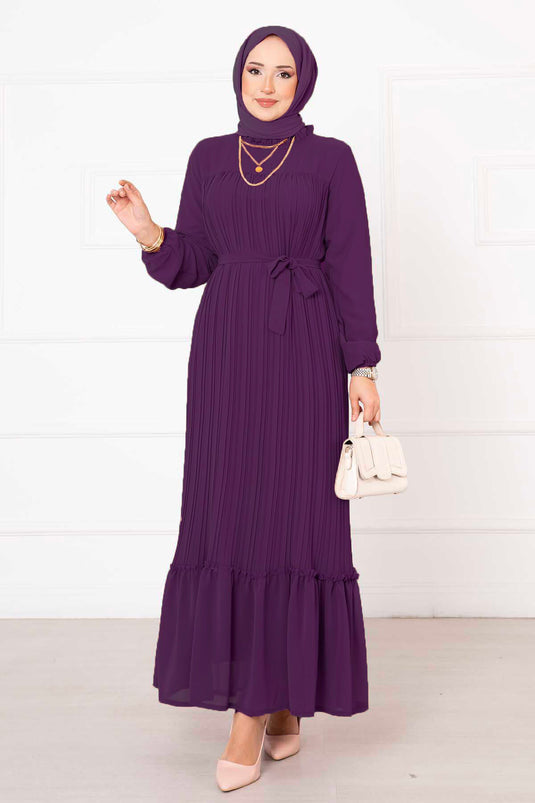 Belted Pleated Chiffon Hijab Dress Purple