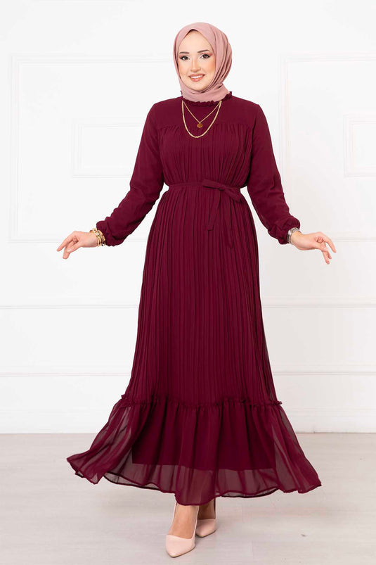 Belted Pleated Chiffon Hijab Modest Dress Burgundy