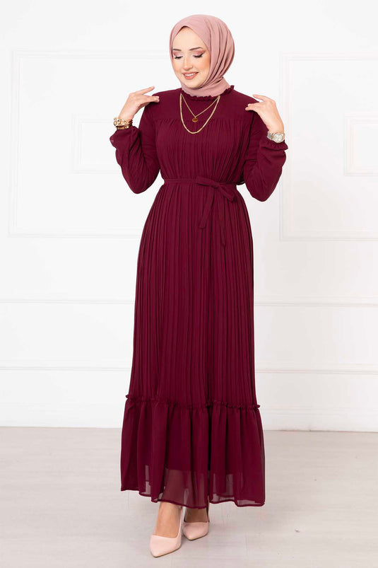 Belted Pleated Chiffon Hijab Modest Dress Burgundy