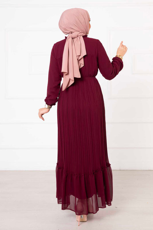 Belted Pleated Chiffon Hijab Modest Dress Burgundy
