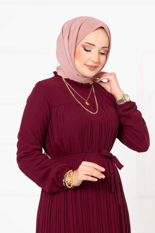 Belted Pleated Chiffon Hijab Modest Dress Burgundy