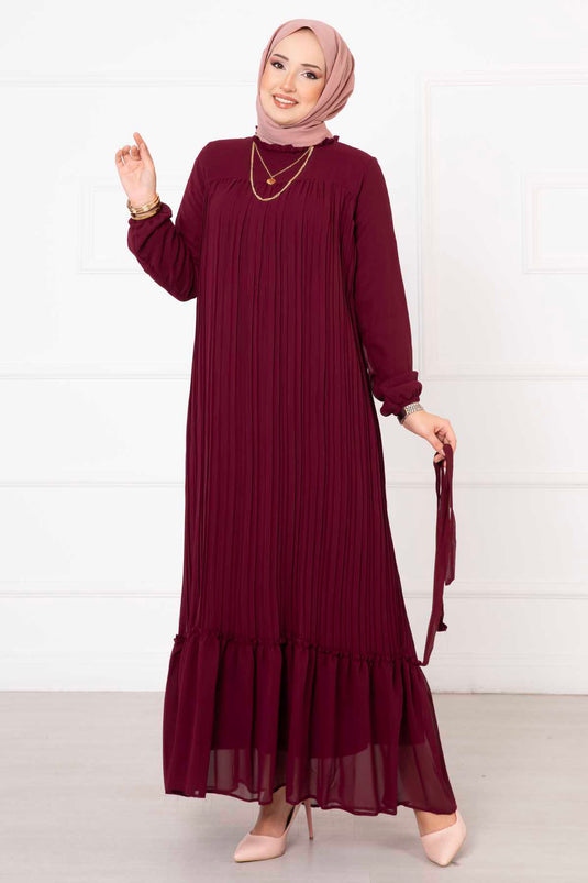 Belted Pleated Chiffon Hijab Modest Dress Burgundy
