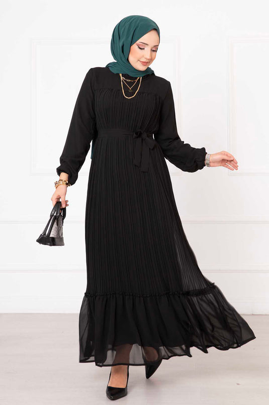 Belted Pleated Chiffon Hijab Modest Dress Black