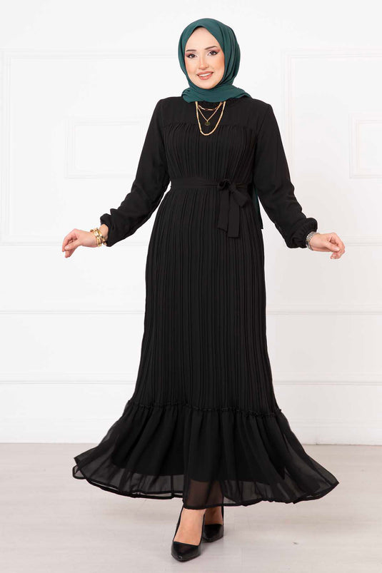 Belted Pleated Chiffon Hijab Modest Dress Black