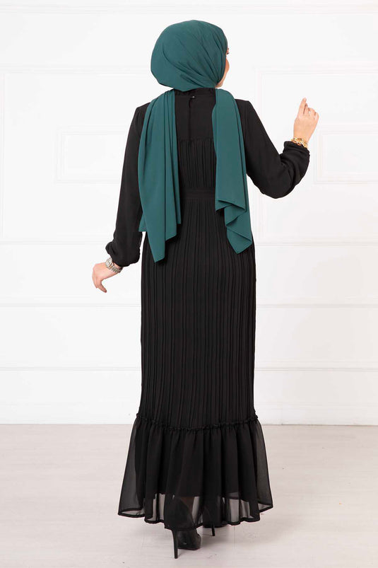 Belted Pleated Chiffon Hijab Modest Dress Black