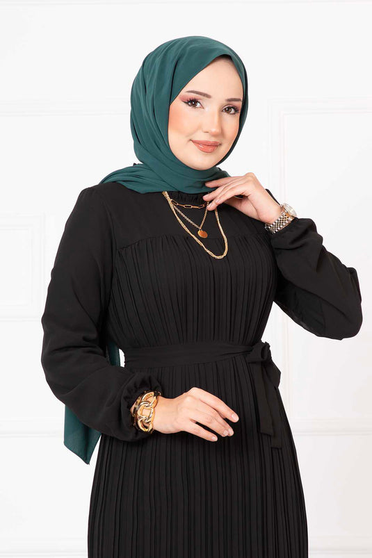 Belted Pleated Chiffon Hijab Modest Dress Black