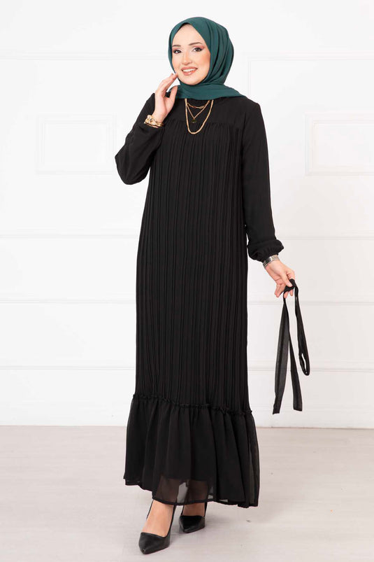 Belted Pleated Chiffon Hijab Modest Dress Black