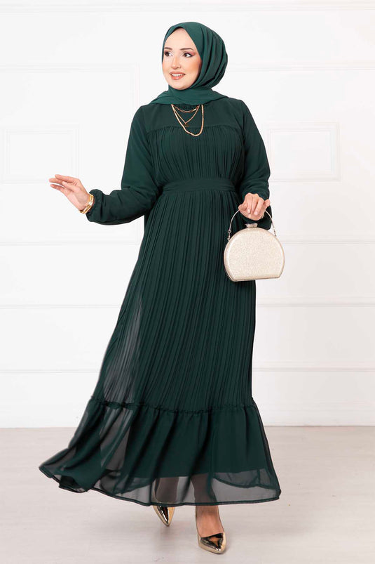 Belted Pleated Chiffon Hijab Modest Dress Emerald