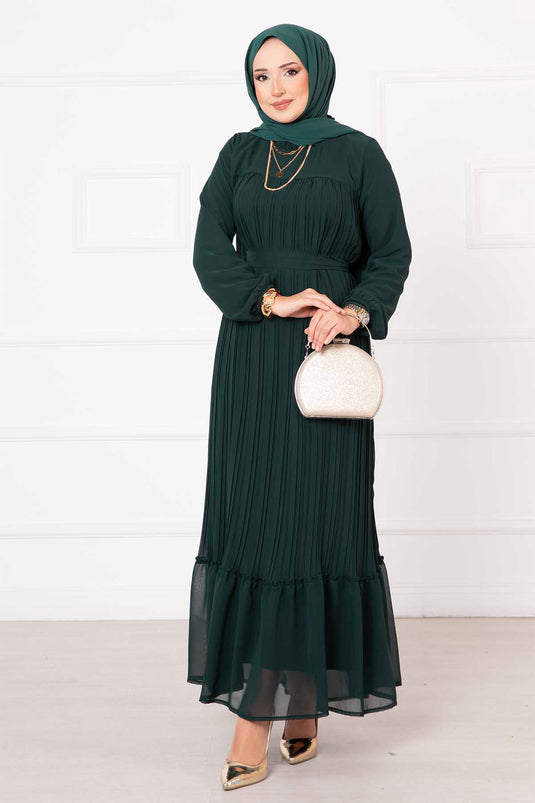 Belted Pleated Chiffon Hijab Modest Dress Emerald
