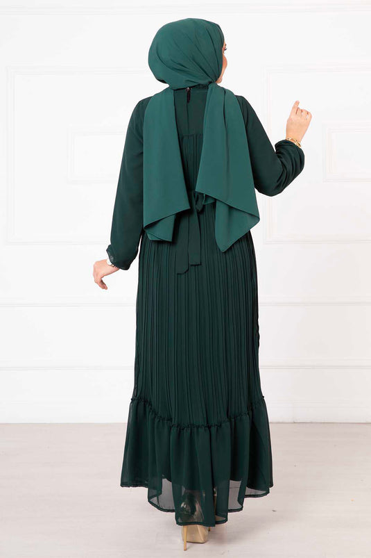 Belted Pleated Chiffon Hijab Modest Dress Emerald