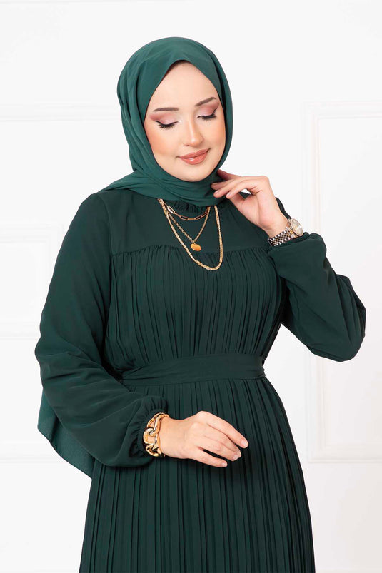 Belted Pleated Chiffon Hijab Modest Dress Emerald