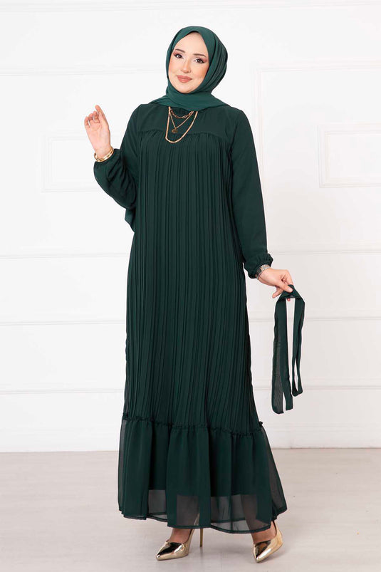 Belted Pleated Chiffon Hijab Modest Dress Emerald
