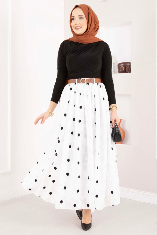 Şifon Puantiyeli Balon Etek Beyaz