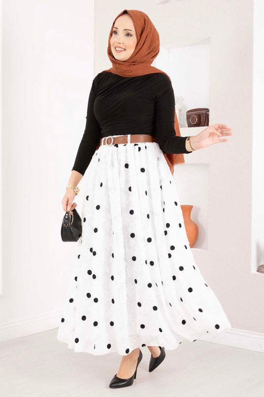 Şifon Puantiyeli Balon Etek Beyaz