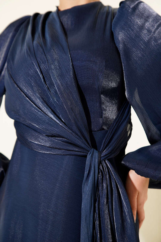 Chiffon Side-Tied Evening Dress Navy