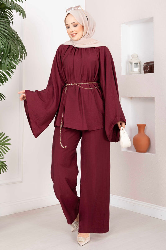Şık Kolyeli Tunik Pantolon Takım Bordo