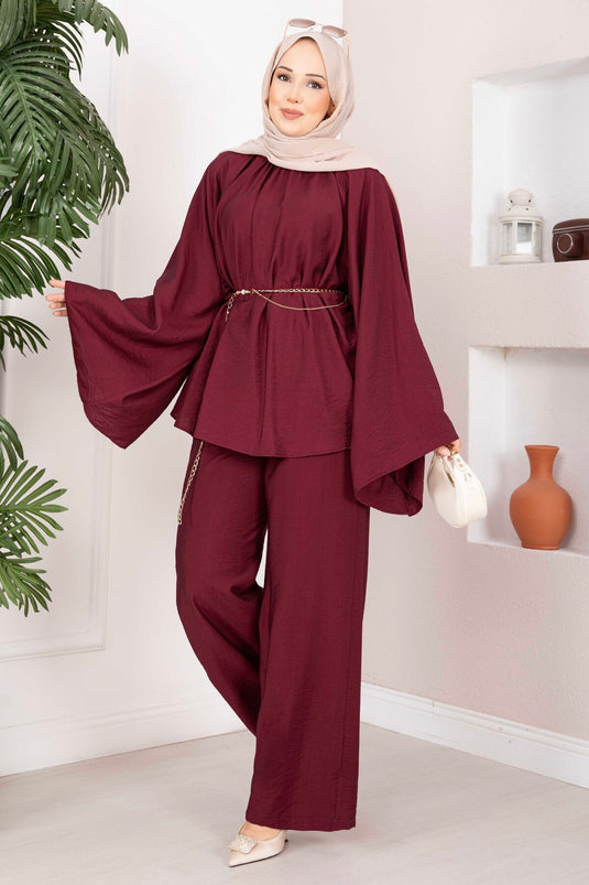 Şık Kolyeli Tunik Pantolon Takım Bordo