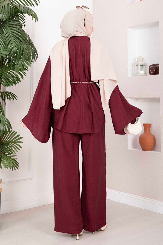 Şık Kolyeli Tunik Pantolon Takım Bordo