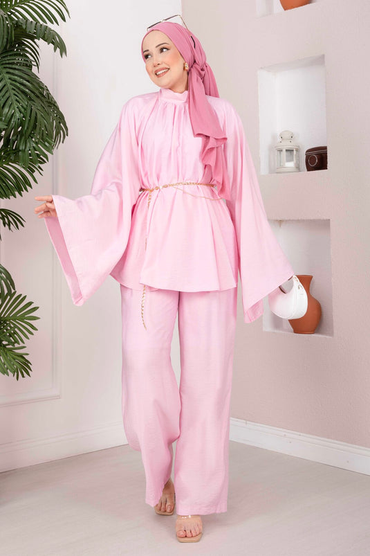 Şık Zincir Kemerli Tunik Pantolon Takım Pembe