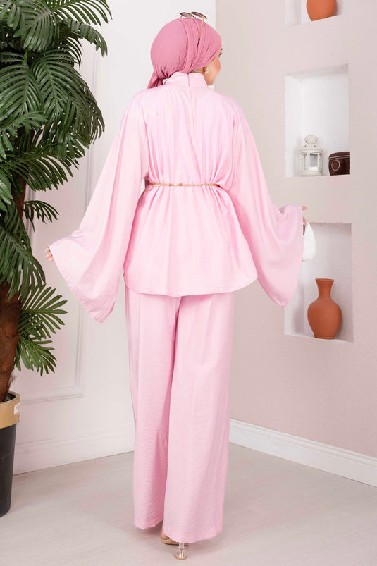 Şık Kolyeli Tunik Pantolon Takım Pembe