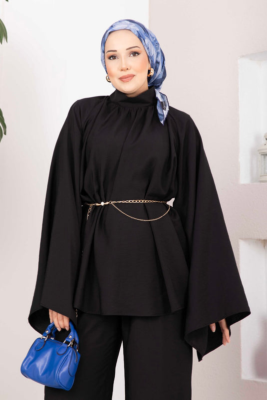 Şık Kolyeli Tunik Pantolon Takım Siyah