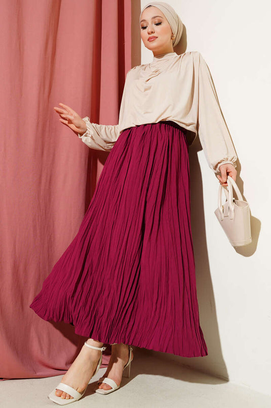 Jupe froissée à plis épais et taille élastique bordeaux