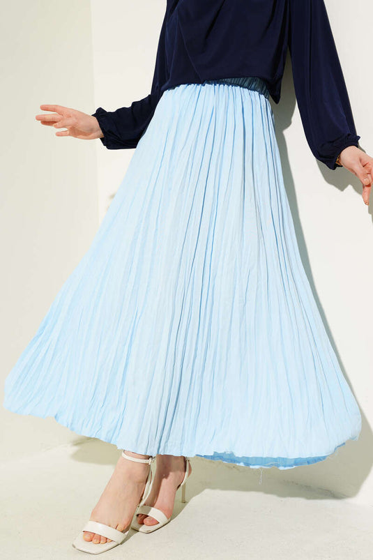 Tight Pleated Elastic Waist Crinkle Skirt Blue